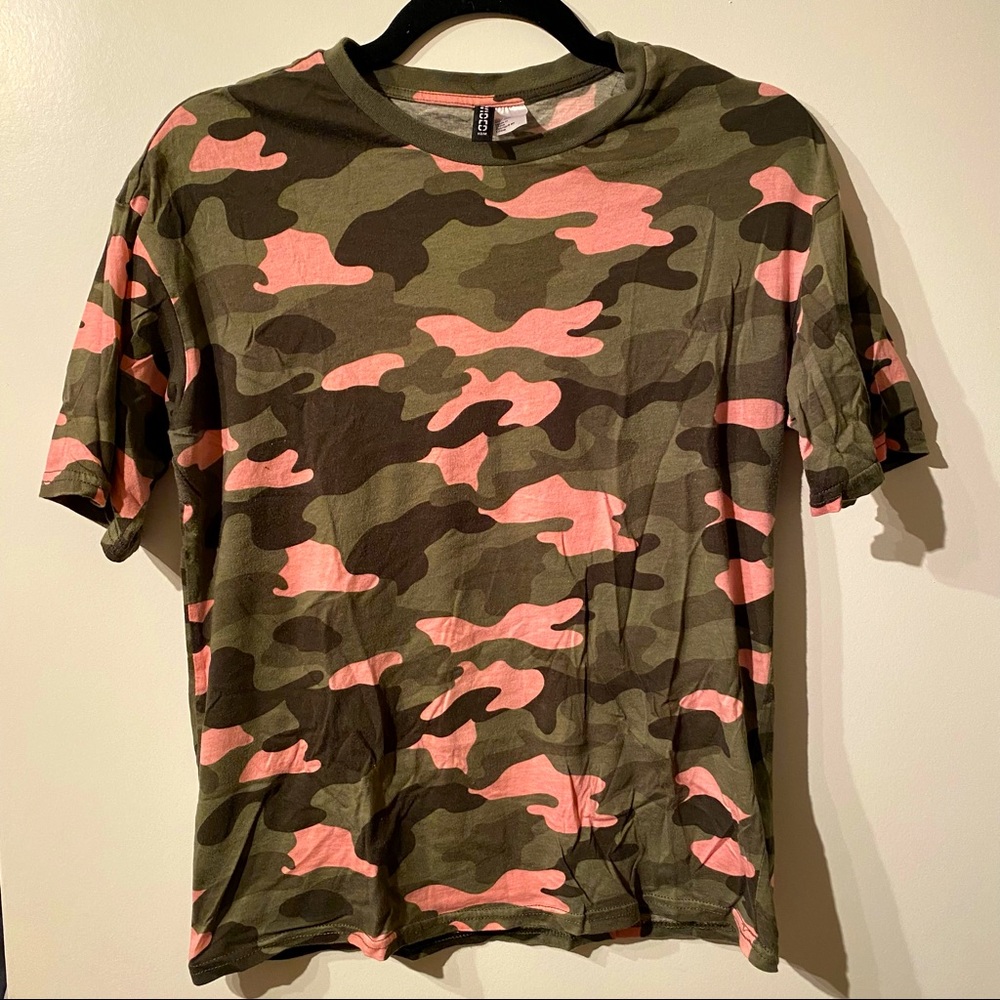 Green and pink camo T-shirt